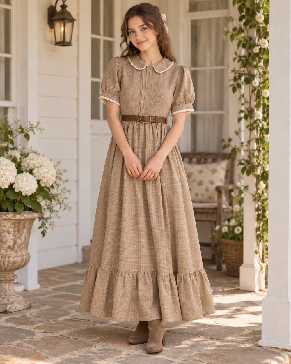 Gingham Maxi Dress Puff Short Sleeve collar Ruffle Hem handmade cottagecore